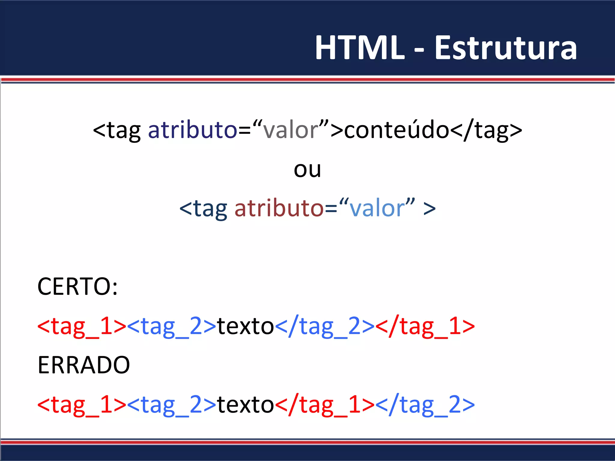 HTML	-	Estrutura	
<tag	atributo=“valor”>conteúdo</tag>	
ou	
<tag	atributo=“valor”	>	
	
CERTO:	
<tag_1><tag_2>texto</tag_2></tag_1>	
ERRADO	
<tag_1><tag_2>texto</tag_1></tag_2>	
 