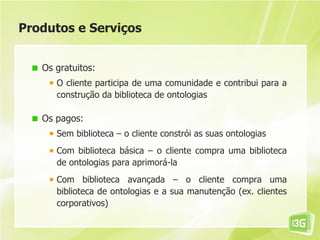 Produtos e Serviços


   Os gratuitos:
      O cliente participa de uma comunidade e contribui para a
      construção da biblioteca de ontologias

   Os pagos:
      Sem biblioteca – o cliente constrói as suas ontologias
      Com biblioteca básica – o cliente compra uma biblioteca
      de ontologias para aprimorá-la
      Com biblioteca avançada – o cliente compra uma
      biblioteca de ontologias e a sua manutenção (ex. clientes
      corporativos)
 