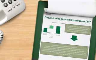 Relações com Investidores – Negócio
Planejar, propor e implementar estratégia de Relações com
Investidores com o objetivo de manter o Mercado de Capitais
adequadamente informado sobre a Companhia, e vice-versa, de
forma a atingir-se o preço justo para o valor dos seus ativos de renda
variável e de renda fixa.
Valor de
mercado
Potencial
de
criação
de valor
Valor justo
O que é relações com investidores (RI)?
A criação de valor está associadaà percepção do mercado emrelação às expectativas deresultados futuros da Companhia
32	
  
 