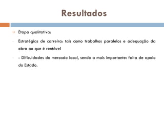 Resultados Etapa qualitativa: Estratégias de carreira: tais como trabalhos paralelos e adequação da obra ao que é rentável - Dificuldades do mercado local, sendo a mais importante: falta de apoio do Estado.  