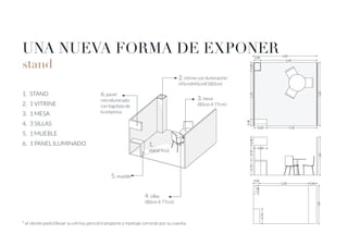 UNA NUEVA FORMA DE EXPONER
stand
1.	 STAND
2.	 1 VITRINE
3.	 1 MESA
4.	 3 SILLAS
5.	 1 MUEBLE
6.	 1 PANEL ILUMINADO
* el cliente podrá llevar su vitrina, pero el transporte y montaje correrán por su cuenta.
2. vitrine con iluminación
(45cmX45cmX180cm)
1.
stand 9m2
6. panel
retroiluminado
con logotipo de
la empresa
5. mueble
4. sillas
(80cm X 77cm)
3. mesa
(80cm X 77cm)
 