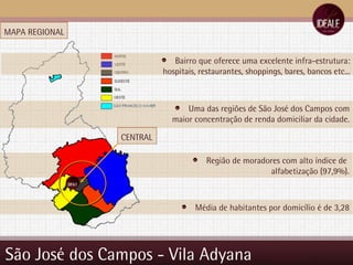 São José dos Campos - Vila Adyana  Uma das regiões de São José dos Campos com maior concentração de renda domiciliar da cidade. Região de moradores com alto índice de  alfabetização (97,9%). Média de habitantes por domicílio é de 3,28 MAPA REGIONAL CENTRAL Bairro que oferece uma excelente infra-estrutura: hospitais, restaurantes, shoppings, bares, bancos etc... 
