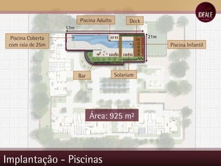 Implantação - Piscinas Solarium Bar Piscina Coberta com raia de 25m Piscina Infantil Deck Piscina Adulto 53m 21m Área: 925 m² 