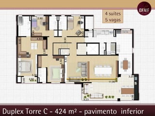 Duplex Torre C - 424 m² - pavimento  inferior 11,90 4,50 4,50 6,60 2,95 4,84 3,30 2,60 0,85 2,80 2,80 3,40 3,40 0,93 9,23 2,70 3,20 4,06 4 suítes 5 vagas 