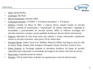 Portfólio


     Nome: Spring Wireless.
     Localização: São Paulo.
     Data de Investimento: Setembro 2002.
     Composição Acionária: 11% IDNT + 52% Outros Investidores + 37% Outros.
     Histórico: Fundada em Março de 2001, a empresa oferece soluções focadas no mercado
     brasileiro, resultado da customização e “tropicalização” de soluções importadas e adaptadas às
     necessidades e particularidades do mercado nacional. Utiliza as melhores tecnologias dos
     mercados americano e europeu e possui qualidade atestada por diversos clientes internacionais.
     Negócios: Operadora de rede virtual móvel com soluções e serviços relacionados a plataformas
     wireless no mercado corporativo, onde possui 55% de market share.
     Principais Clientes: Ambev; Souza Cruz; Multibras; Redecard; Gillette; Itaú Seguros; Sara Lee; Pão
     de Açúcar; Bunge; Citibank; Kraft; Goodyear; Eletropaulo; Visanet; Fleet One; Concha Y Toro.
     Pontos Positivos: (i) Tecnologia adaptada às operadoras brasileiras; (ii) Equipe de gerentes
     capacitados para compreender as necessidades dos negócios dos clientes; (iii) Casos de sucesso.
     Ponto Crítico: Expansão da base de usuários.
     Destaque: 55% de market share no Brasil e em expansão para o resto da América Latina.



                                                                                                          20
 