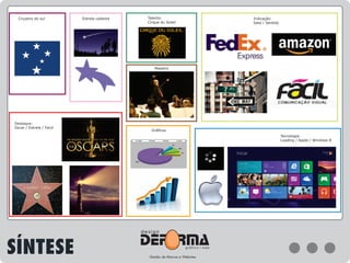 Cruzeiro do sul Estrela cadente
Maestro
Indicação:
Seta / Sentido
Destaque:
Oscar / Estrela / Farol
Gráﬁcos
Tecnologia:
Loading / Apple / Windows 8
Talento:
Cirque du Soleil
SÍNTESE
 