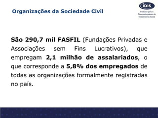 Organizações da Sociedade Civil 
São 290,7 mil FASFIL (Fundações Privadas e 
Associações sem Fins Lucrativos), que 
empreg...
