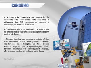 - A crescente demanda por educação de
qualidade está provocando cada vez mais a
utilização das TIC (Tecnologias de Informação e
Comunicação) no setor da educação.
- Em apenas três anos, o número de estudantes
do ensino médio que tem acesso à aprendizagem
on-line triplicou.
- Blended learning que combina o estudo off-line
com conteúdos online, está ganhando terreno
rapidamente na educação. De fato, alguns
estudos sugerem que a aprendizagem mista,
também chamada de aprendizagem híbrida,
ofereça uma melhor experiência e resultado.
FONTE: eSchools
 