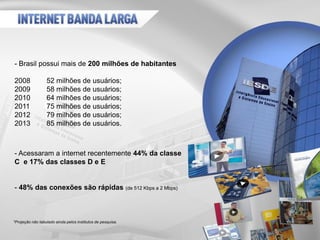 - Brasil possui mais de 200 milhões de habitantes
2008 52 milhões de usuários;
2009 58 milhões de usuários;
2010 64 milhões de usuários;
2011 75 milhões de usuários;
2012 79 milhões de usuários;
2013 85 milhões de usuários.
- Acessaram a internet recentemente 44% da classe
C e 17% das classes D e E
- 48% das conexões são rápidas (de 512 Kbps a 2 Mbps)
*Projeção não tabulado ainda pelos institutos de pesquisa.
 