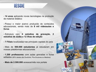- 14 anos aplicando novas tecnologias na produção
de material didático
- Possui o maior acervo produzido de conteúdos
educacionais, sendo mais de 8 mil videoaulas e
livros
- Estrutura com 4 estúdios de gravação, 2
estúdios de áudio e 12 ilhas de edição
- 7 Filiais localizadas nas principais capitais do país
- Mais de 500.000 estudantes já estudaram em
nossas plataformas educacionais
- 1.200 professores com aulas gravadas e livros
editados (80% destes são Doutores, Pós-Doutores ou Mestres)
- Mais de 2.500.000 acessos/mês nos portais
 