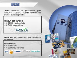 - Líder absoluto em preparatórios para
Concursos Públicos, atuando também em
diversos outros segmentos:
APROVA CONCURSOS
+ de 10.000 inscrições/mês
+ de 7.500 preparatórios
- Mais de 1.500.000 Livros e DVDs distribuídos
anualmente:
Linha VAREJO
+ de 20 mil PDVs
+ de 500 Itens para venda
 