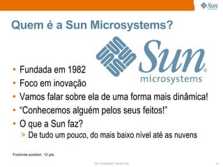 Quem é a Sun Microsystems?


•   Fundada em 1982
•   Foco em inovação
•   Vamos falar sobre ela de uma forma mais dinâmica!
•   “Conhecemos alguém pelos seus feitos!”
•   O que a Sun faz?
    > De tudo um pouco, do mais baixo nível até as nuvens

Footnote position, 12 pts.

                             Sun Confidential: Internal Only   2
 