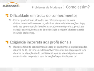 Problemas da Mudança          | Como assim?
Dificuldade em troca de conhecimentos
 Por ter profissionais alocados em diferentes projetos, com
 distanciamento físico e social, não havia troca de informações, logo,
 toda vez que um profissional era alocado em um projeto, precisava
 estudar sozinho, sem ajuda ou orientação de quem já passou pelos
 mesmos problemas.


Exigência incorreta aos profissionais
 Devido à falta de conhecimento sobre os segmentos e especificidades
 da área de UI, os times de desenvolviemento faziam requisições fora
 da área de atuação do do profissional, que se via obrigado a suprir
 necessidades do projeto sem formação/experiência para tal.
 