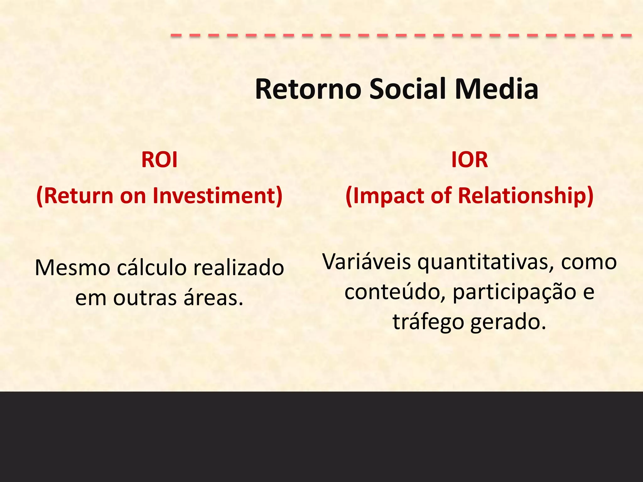Retorno Social Media

          ROI                         IOR
(Return on Investiment)     (Impact of Relationship)

Mesmo cálculo realizado   Variáveis quantitativas, como
   em outras áreas.         conteúdo, participação e
                                 tráfego gerado.
 