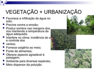 VEGETAÇÃO + URBANIZAÇÃO
 Favorece a infiltração da água no
solo;
 Previne contra a erosão;
 Produz sombra nas margens dos
rios mantendo a temperatura da
água adequada;
 Interfere no clima: incidência do sol
e controle dos
 ventos;
 Fornece oxigênio ao meio;
 Fonte de alimentos;
 Oferece aspecto agradável à
paisagem;
 Ambiente para diversas espécies;
 Meio dispersor da poluição
 