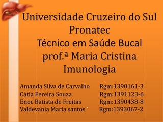 Universidade Cruzeiro do Sul
Pronatec
Técnico em Saúde Bucal
prof.ª Maria Cristina
Imunologia
Amanda Silva de Carvalho
Cátia Pereira Souza
Enoc Batista de Freitas
.
Valdevania Maria santos

Rgm:1390161-3
Rgm:1391123-6
Rgm:1390438-8
Rgm:1393067-2

 