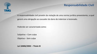Responsabilidade Civil
A responsabilidade civil provém da violação de uma norma jurídica preexistente, a qual
gerará uma obrigação ao causador do dano de indenizar o lesionado.
Podendo ser caracterizada como:
Subjetiva – Com culpa
Objetiva – Sem culpa
Lei 10406/2002 – Título IX
 