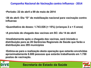 Secretaria de Estado da Saúde
Campanha Nacional de Vacinação contra Influenza - 2014
•Período: 22 de abril a 09 de maio de 2014
•26 de abril: Dia “D” de mobilização nacional para vacinação contra
influenza
•Quantitativo de doses: 1.743.026 (+ 15%) (crianças 2 a < 5 anos)
•A previsão de chegada das vacinas em SC: dia 14 de abril
•Imediatamente após a chegada das vacinas, será iniciada a
distribuição para as 20 Gerências Regionais de Saúde que farão a
distribuição aos 295 municípios
•Estima-se para a realização desta operação que estarão envolvidas
aproximadamente 6.600 pessoas que estarão trabalhando em 1.750
postos de vacinação.
 