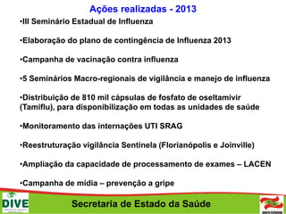 Secretaria de Estado da Saúde
Ações realizadas - 2013
•III Seminário Estadual de Influenza
•Elaboração do plano de contingência de Influenza 2013
•Campanha de vacinação contra influenza
•5 Seminários Macro-regionais de vigilância e manejo de influenza
•Distribuição de 810 mil cápsulas de fosfato de oseltamivir
(Tamiflu), para disponibilização em todas as unidades de saúde
•Monitoramento das internações UTI SRAG
•Reestruturação vigilância Sentinela (Florianópolis e Joinville)
•Ampliação da capacidade de processamento de exames – LACEN
•Campanha de mídia – prevenção a gripe
 