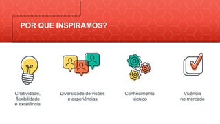 Criatividade,  
flexibilidade  
e excelência
Diversidade de visões
e experiências
Conhecimento  
técnico
Vivência  
no mercado
POR QUE INSPIRAMOS?
 