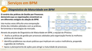 iprocess www.iprocess.com.br +55 51 3211.4036 / 11 4063.6263
Serviços em BPM
O cenário das práticas de Gestão por Processos
demonstra que as organizações encontram-se
em diferentes estágios da adoção de BPM.
Isto muitas vezes dificulta uma comparação
direta dos métodos adotados com as práticas,
ferramentas e tecnologias do mercado.
Através do projeto de Diagnóstico de Maturidade em BPM, a equipe da iProcess:
» Avalia as práticas de gestão por processos adotadas pela organização frente às melhores
práticas de mercado.
» Identifica problemas nas atuais práticas que implicam em custo e ineficiência, propondo
sugestões de melhoria.
» Apoia o planejamento de ações para atingir a maturidade de processos.
Diagnóstico de Maturidade em BPM
 