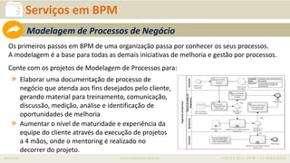 iprocess www.iprocess.com.br +55 51 3211.4036 / 11 4063.6263
Os primeiros passos em BPM de uma organização passa por conhecer os seus processos.
A modelagem é a base para todas as demais iniciativas de melhoria e gestão por processos.
Conte com os projetos de Modelagem de Processos para:
» Elaborar uma documentação de processo de
negócio que atenda aos fins desejados pelo cliente,
gerando material para treinamento, comunicação,
discussão, medição, análise e identificação de
oportunidades de melhoria
» Aumentar o nível de maturidade e experiência da
equipe do cliente através da execução de projetos
a 4 mãos, onde o mentoring é realizado no
decorrer do projeto.
Serviços em BPM
Modelagem de Processos de Negócio
 