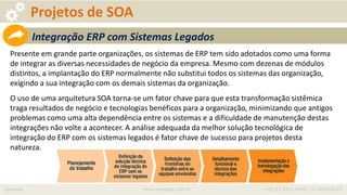 iprocess www.iprocess.com.br +55 51 3211.4036 / 11 4063.6263
Projetos de SOA
Integração ERP com Sistemas Legados
Presente em grande parte organizações, os sistemas de ERP tem sido adotados como uma forma
de integrar as diversas necessidades de negócio da empresa. Mesmo com dezenas de módulos
distintos, a implantação do ERP normalmente não substitui todos os sistemas das organização,
exigindo a sua integração com os demais sistemas da organização.
O uso de uma arquitetura SOA torna-se um fator chave para que esta transformação sistêmica
traga resultados de negócio e tecnologias benéficos para a organização, minimizando que antigos
problemas como uma alta dependência entre os sistemas e a dificuldade de manutenção destas
integrações não volte a acontecer. A análise adequada da melhor solução tecnológica de
integração do ERP com os sistemas legados é fator chave de sucesso para projetos desta
natureza.
 