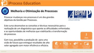iprocess www.iprocess.com.br +55 51 3211.4036 / 11 4063.6263
iProcess Education
Melhoria e Otimização de Processos
Provocar mudanças nos processos é um dos grandes
objetivos da Gestão por Processos.
Este curso desenvolve os conceitos e técnicas necessários para a
realização de um diagnóstico que aponte as dificuldades enfrentadas
e as oportunidades de melhorias que viabilizarão a transformação
do processo.
Com isso, possibilita a produção de para uma
visão de futuro que entregue resultados de alto
valor agregado com maior eficiência e eficácia.
2
dias
Apostila
digital
+ + +
Modelos
de docs
Exercícios
práticos
Certificado de
participação
Programa aprovado pela ABPMP-Brasil
e alinhado ao BPM CBoK
 