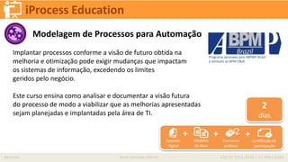 iprocess www.iprocess.com.br +55 51 3211.4036 / 11 4063.6263
iProcess Education
Modelagem de Processos para Automação
Implantar processos conforme a visão de futuro obtida na
melhoria e otimização pode exigir mudanças que impactam
os sistemas de informação, excedendo os limites
geridos pelo negócio.
Este curso ensina como analisar e documentar a visão futura
do processo de modo a viabilizar que as melhorias apresentadas
sejam planejadas e implantadas pela área de TI.
2
dias
Apostila
digital
+ + +
Modelos
de docs
Exercícios
práticos
Certificado de
participação
Programa aprovado pela ABPMP-Brasil
e alinhado ao BPM CBoK
 
