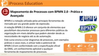 iprocess www.iprocess.com.br +55 51 3211.4036 / 11 4063.6263
iProcess Education
Mapeamento de Processos com BPMN 2.0 - Prático e
Avançado
BPMN é a notação utilizada pelas principais ferramentas do
mercado por seu grande poder de expressão.
A notação BPMN 2.0 oferece um conjunto de elementos que
possibilitam documentar processos para diferentes públicos da
organização em níveis detalhe que podem atender desde as
necessidades de negócio até as de automação.
Este curso ensina a criar diagramas de processos, com exemplos
práticos e casos reais, e utilizar todo o potencial de
BPMN 2.0 em conformidade com a especificação oficial
da OMG, um conhecimento aplicável a qualquer
ferramenta de mapeamento de processos.
3
dias
Apostila
digital
+ +
Exercícios
práticos
Certificado de
participação
 