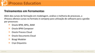 iprocess www.iprocess.com.br +55 51 3211.4036 / 11 4063.6263
iProcess Education
Treinamentos em Ferramentas
Além dos cursos de formação em modelagem, análise e melhoria de processos, a
iProcess oferece cursos no formato in company para utilização de software para a gestão
por processos:
» Oracle BPM, BPEL, BAM
» Oracle BPM Composer
» Oracle Process Cloud
» Oracle Documents Cloud
» Bizagi Modeler
» Cryo Orquestra
 