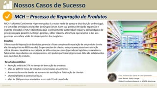 iprocess www.iprocess.com.br +55 51 3211.4036 / 11 4063.6263
Nossos Casos de Sucesso
MCH - Modelo Continente Hipermercados é a maior rede de varejo e distribuição de Portugal,
e é uma das principais atividades do Grupo Sonae. Com sua política de rápida expansão e
espírito inovador, o MCH identificou que o crescimento sustentável requer a consolidação de
processos para garantir melhores práticas, obter máxima eficiência operacional e dar aos
gestores uma clara visão do desempenho dos negócios.
• Oportunidade
Desafios
O Processo de Reparação de Produtos gerencia o fluxo completo de reparação de um produto (tenha
ele sido adquirido no MCH ou não). Da perspectiva do cliente, este processo possui uma duração
crítica. Uma vez recebida a mercadoria, de diferentes parceiros (operadores logísticos, reparadores,
fabricantes, revendedores de componentes, etc) podem participar do processo. SLAs são estabelecidos
para cada tipo de produto.
Resultados obtidos
• Redução média de 37% no tempo de execução do processo.
• Mais de 200 mil horas de trabalho economizadas anualmente.
• Aumento da receita devido ao aumento da satisfação e fidelização de clientes.
• Monitoramento e controle de SLAs.
• Mais de 500 parceiros envolvidos e cerca de 35 mil casos/mês.
Este processo faz parte do case premiado
Gold Award 2006, Europe
Global Excellence Awards in BPM & Worklow
MCH – Processo de Reparação de Produtos
 