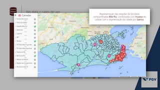 big data > casos de uso
SISTEMAS DE INFORMAÇÃO
GEOGRÁFICA (SIG ou GIS):
é um sistema de hardware,
software, informação espacial,
procedimentos computacionais e
recursos humanos que permite e
facilita a análise, gestão ou
representação do espaço e dos
fenômenos que nele ocorrem.
IMAGEM MAIOR NO PRÓXIMO SLIDE:
Mobilidade
(em parceria com FGV Projetos)
O objetivo do projeto é mapear continuamente o deslocamento e a
concentração da população entre os bairros do munícipio do Rio de
Janeiro. Para que, entendendo este fluxo com precisão, tornem-se
possíveis projetos mais eficientes de planejamento urbano, distribuição e
acesso a áreas de lazer e centros culturais, e sobretudo estudos
comportamentais detalhados sobre o movimento das pessoas pela
cidade, em diferentes épocas do ano, dias da semana e até horas do dia.
Representação das estações de bicicletas
compartilhadas Bike Rio, combinadas com museus da
cidade com a segmentação da cidade por bairros.
 