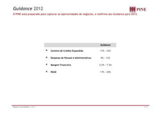 Guidance 2012
O PINE está preparado para capturar as oportunidades de negócios, e reafirma seu Guidance para 2012.




                                                                            Guidance
                                                                              i

                                     Carteira de Crédito Expandida         17% - 22%


                                     Despesas d P
                                     D        de Pessoal e Ad i i
                                                       l Administrativas
                                                                    i       8% - 12%
                                                                                  2%


                                     Margem Financeira                     5,5% - 7,5%


                                     ROAE                                  17% - 20%




Relações com Investidores | 1T12 |                                                                     23/32
 