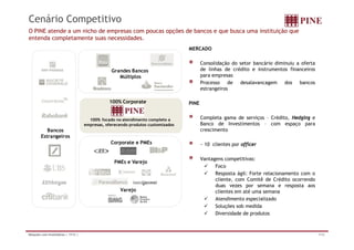 Cenário Competitivo
O PINE atende a um nicho de empresas com poucas opções de bancos e que busca uma instituição que
entenda completamente suas necessidades.
                                                                                 MERCADO

                                                                                        Consolidação do setor bancário diminuiu a oferta
                                                 Grandes Bancos                         de linhas d crédito e i t
                                                                                        d li h     de édit      instrumentos fi
                                                                                                                         t   financeiros
                                                                                                                                    i
                                                    Múltiplos                           para empresas
                                                                                        Processo de desalavancagem dos bancos
                                                                                        estrangeiros

                                                100% Corporate                   PINE


                                       100% focado no atendimento completo a            Completa gama de serviços – Crédito, Hedging e
                                     empresas,
                                     empresas oferecendo produtos customizados          Banco de Investimentos – com espaço para
           Bancos                                                                       crescimento
        Estrangeiros
                                                 Corporate e PMEs                       ~ 10 clientes por officer

                                                                                        Vantagens competitivas:
                                                  PMEs e Varejo
                                                                                          Foco
                                                                                          Resposta ágil: Forte relacionamento com o
                                                                                              cliente, com Comitê de Crédito ocorrendo
                                                                                                     ,
                                                                                              duas vezes por semana e resposta aos
                                                     Varejo                                   clientes em até uma semana
                                                                                          Atendimento especializado
                                                                                          Soluções sob medida
                                                                                          Diversidade de produtos



Relações com Investidores | 1T12 |                                                                                                         7/32
 