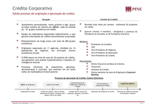 Crédito Corporativo
Sólido processo de originação e aprovação de crédito.

                                        Atuação                                                                              Comitê de Crédito

             Atendimento personalizado, muito próximo e ágil, graças                                    Reuniões duas vezes por semana – analisando 20 propostas
             ao baixo número de clientes por officer: cada um atende                                    em média
             de ~10 grupos econômicos em média
                 10
                                                                                                        Quorum mínimo: 4 membros - obrigatória a presença do
             Equipe de originadores organizados regionalmente, o que                                    Presidente do Conselho ou do Presidente Executivo
             garante informações de crédito extremamente atualizadas

             Relacionamento de longo prazo com mais de 600 grupos                               Membros:
             econômicos                                                                                          Presidente do Conselho
                                                                                                                 CEO
             Originação organizada em 11 agências, divididas em 14
             plataformas de negócios, nos principais centros                                                     Vice-Presidente de Negócios
             econômicos do país                                                                                  Vice-Presidente de Operações
                                                                                                                 Vice-Presidente de Crédito
                                                                                                                 Vi P id t d C édit
             O PINE possui um time de mais de 30 analistas de crédito,
             que garantem uma análise fundamentalista e baseada em
                                                                                                Participantes:
             inteligência setorial
                                                                                                             Diretor Executivo da Mesa de Clientes
             Processos    eficientes   de     empréstimo, garantias,                                         Tesoureiro
             documentação e controles, que resultam em um baixo                                              Analistas de Crédito
             índice de inadimplência historicamente                                                          Outros membros da área de Originação (Corporate
                                                                                                             Banking)
                                                           Processo de Aprovação de Crédito: Esteira Eletrônica

                                                                                   Superintendentes de
                                                                                                                        Vice-Presidente e                COMITÊ DE CRÉDITO
            Officer de Originação             Analista de Crédito                 Originação e Análise de
                                                                                                                       Analistas de Crédito
                                                                                          Crédito


            Originação do crédito     Análise de crédito, visita a clientes,     Opinião sobre o volume da       Exposição das propostas ao comitê   Processo de tomada de decisão
                                     atualização de dados, interação com a     operação, garantias, estruturas                                           centralizada e unânime
                                            equipe interna de análise                       etc.




Relações com Investidores | 1T12 |                                                                                                                                                   9/32
 