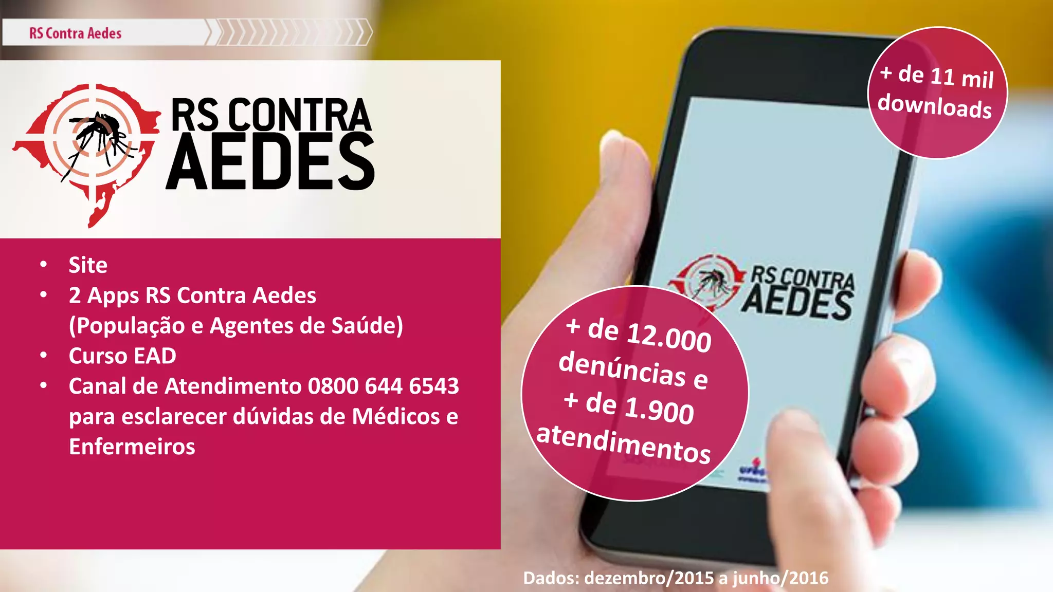 • Site
• 2 Apps RS Contra Aedes
(População e Agentes de Saúde)
• Curso EAD
• Canal de Atendimento 0800 644 6543
para esclarecer dúvidas de Médicos e
Enfermeiros
Dados: dezembro/2015 a junho/2016
 