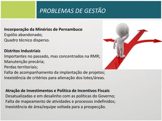PROBLEMAS DE GESTÃO
Incorporação da Minérios de Pernambuco
Espólio abandonado;
Quadro técnico disperso.
Distritos Industriais
Importantes no passado, mas concentrados na RMR;
Manutenção precária;
Perdas territoriais;
Falta de acompanhamento da implantação de projetos;
Inexistência de critérios para alienação dos lotes/áreas.
Atração de Investimentos e Política de Incentivos Fiscais
Desatualizadas e em desalinho com as políticas do Governo;
Falta de mapeamento de atividades e processos indefinidos;
Inexistência de área/equipe voltada para a prospecção.

 