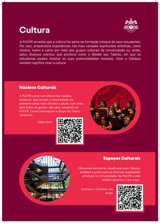 Cultura
Núcleos Culturais
A PUCPR ĊǊƺta ĊǊƳ ĖŪňħrħƺtħs ƺúĊƖħǊs
artųstŪĊǊs, quħ tǊrƺaƳ a UƺŪvħrsŪĖaĖħ uƳ
aƳăŪħƺtħ aŪƺĖa ƳaŪs vŪăraƺtħ ħ pƖuraƖ, ĊǊƳ artħs
para tǊĖǊs Ǌs ōǊstǊs. SãǊ ħƖħs: Ǌrquħstra Ėa
PUCPR, CǊraƖ CŗaƳpaōƺat ħ GrupǊ Ėħ TħatrǊ
TaƺaHǊra.
Espaços Culturais
DŪňħrħƺtħs ħstruturas ħspaƖŗaĖas pħƖǊ CâƳpus
aĊǊƖŗħƳ ħ prǊƳǊvħƳ as ĖŪvħrsas ħxprħssǌħs
artųstŪĊas ƺa UƺŪvħrsŪĖaĖħ. Na PUCPR a artħ
sħƳprħ ħƺĊǊƺtra Ǌ sħu Ɩuōar.
A PUCPR aĊrħĖŪta quħ a ĊuƖtura ňaz partħ Ėa ňǊrƳaĎãǊ ŪƺtħōraƖ Ėħ sħus ħstuĖaƺtħs.
PǊr ŪssǊ, prǊpǊrĊŪǊƺa ħxpħrŪĬƺĊŪas ƺas ƳaŪs varŪaĖas ħxprħssǌħs artųstŪĊas, ĊǊƳǊ
ƳúsŪĊa, tħatrǊ ħ ĊaƺtǊ pǊr ƳħŪǊ ĖǊs ōrupǊs ĊuƖturaŪs Ėa UƺŪvħrsŪĖaĖħ Ǌu, aŪƺĖa,
pħƖǊs ĖŪvħrsǊs ħvħƺtǊs quħ prǊƳǊvħ ĊǊƳǊ Ǌ RħvħƖħ sħu TaƖħƺtǊ, ħƳ quħ Ǌs
ħstuĖaƺtħs pǊĖħƳ ƳǊstrar as suas pǊtħƺĊŪaƖŪĖaĖħs ƳusŪĊaŪs. VŪvħr Ǌ CâƳpus
taƳăīƳ sŪōƺŪňŪĊa vŪvħr a ĊuƖtura.
CǊƺŗħĎa Ǌ CaƳŪƺŗǊ Ėas
Artħs:
SaŪăa ƳaŪs:
 