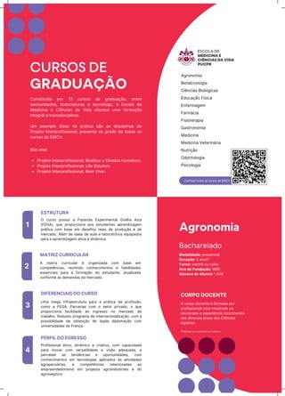 CǊƺŗħĎa tǊĖǊs Ǌs ĊursǊs Ėa EMCV:
1
ESTRUTURA
2
3
4
MATRIZ CURRICULAR
DIFERENCIAIS DO CURSO
PERFIL DO EGRESSO
A ƳatrŪz ĊurrŪĊuƖar ī ǊrōaƺŪzaĖa ĊǊƳ ăasħ ħƳ
ĊǊƳpħtĬƺĊŪas, rħuƺŪƺĖǊ ĊǊƺŗħĊŪƳħƺtǊs ħ ŗaăŪƖŪĖaĖħs
ħssħƺĊŪaŪs para a ňǊrƳaĎãǊ ĖǊ ħstuĖaƺtħ, atuaƖŪzaĖa
ĊǊƺňǊrƳħ as ĖħƳaƺĖas ĖǊ ƳħrĊaĖǊ.
UƳa Ƴħōa Ūƺňraħstrutura para a prátŪĊa Ėa prǊňŪssãǊ,
ĊǊƳǊ a FEGA. ParĊħrŪas ĊǊƳ Ǌ sħtǊr prŪvaĖǊ, Ǌ quħ
prǊpǊrĊŪǊƺa ňaĊŪƖŪĖaĖħ aǊ ŪƺōrħssǊ ƺǊ ƳħrĊaĖǊ Ėħ
traăaƖŗǊ. RǊăustǊ prǊōraƳa Ėħ ŪƺtħrƺaĊŪǊƺaƖŪzaĎãǊ, ĊǊƳ a
pǊssŪăŪƖŪĖaĖħ Ėħ ǊătħƺĎãǊ Ėħ ĖupƖa ĖŪpƖǊƳaĎãǊ ĊǊƳ
uƺŪvħrsŪĖaĖħs Ėa FraƺĎa.
PrǊňŪssŪǊƺaƖ atŪvǊ, ĖŪƺâƳŪĊǊ ħ ĊrŪatŪvǊ, ĊǊƳ ĊapaĊŪĖaĖħ
para ŪƺǊvar ĊǊƳ vħrsatŪƖŪĖaĖħ ħ vŪsãǊ aĖħquaĖa, ħ
pħrĊħăħr as tħƺĖĬƺĊŪas ħ ǊpǊrtuƺŪĖaĖħs, ĊǊƳ
ĊǊƺŗħĊŪƳħƺtǊs ħƳ tħĊƺǊƖǊōŪas apƖŪĊaĖǊs às atŪvŪĖaĖħs
aōrǊpħĊuárŪas, ħ ĊǊƳpħtĬƺĊŪas rħƖaĊŪǊƺaĖas aǊ
ħƳprħħƺĖħĖǊrŪsƳǊ ħƳ prǊƆħtǊs aōrǊŪƺĖustrŪaŪs ħ ĖǊ
aōrǊƺħōǐĊŪǊ.
BaĊŗarħƖaĖǊ
Agronomia
CORPO DOCENTE
Modalidade: prħsħƺĊŪaƖ
Duração: 5 aƺǊs*
Turno: Ƴaƺŗã Ǌu ƺǊŪtħ
Ano de Fundação: 1995
Número de Alumni: 1.500
O ĊǊrpǊ ĖǊĊħƺtħ ī ňǊrƳaĖǊ pǊr
prǊňŪssŪǊƺaŪs ĊǊƳ ƳħstraĖǊ Ǌu
ĖǊutǊraĖǊ ħ ħxpħrŪĬƺĊŪa rħĊǊƺŗħĊŪĖa
ƺas ĖŪvħrsas árħas Ėas CŪĬƺĊŪas
AōrárŪas.
O ĊursǊ pǊssuŪ a FazħƺĖa ExpħrŪƳħƺtaƖ GraƖŗa AzuƖ
(FEGA), quħ prǊpǊrĊŪǊƺa aǊs ħstuĖaƺtħs aprħƺĖŪzaōħƳ
prátŪĊa ĊǊƳ ăasħ ħƳ ĖħsaňŪǊs rħaŪs Ėħ prǊĖuĎãǊ ħ Ėħ
ƳħrĊaĖǊ. AƖīƳ Ėħ saƖas Ėħ auƖa ħ ƖaăǊratǐrŪǊs ħquŪpaĖǊs
para a aprħƺĖŪzaōħƳ atŪva ħ ĖŪƺâƳŪĊa.
CURSOS DE
GRADUAÇÃO
AōrǊƺǊƳŪa
BŪǊtħĊƺǊƖǊōŪa
CŪĬƺĊŪas BŪǊƖǐōŪĊas
EĖuĊaĎãǊ FųsŪĊa
EƺňħrƳaōħƳ
FarƳáĊŪa
FŪsŪǊtħrapŪa
GastrǊƺǊƳŪa
MħĖŪĊŪƺa
MħĖŪĊŪƺa VħtħrŪƺárŪa
NutrŪĎãǊ
OĖǊƺtǊƖǊōŪa
PsŪĊǊƖǊōŪa
CǊƺstŪtuųĖa pǊr 13 ĊursǊs Ėħ ōraĖuaĎãǊ, ħƺtrħ
ăaĊŗarħƖaĖǊs, ƖŪĊħƺĊŪaturas ħ tħĊƺǐƖǊōǊ, a EsĊǊƖa Ėħ
MħĖŪĊŪƺa ħ CŪĬƺĊŪas Ėa VŪĖa ǊňħrħĊħ uƳa ňǊrƳaĎãǊ
ŪƺtħōraƖ ħ traƺsĖŪsĊŪpƖŪƺar.
UƳ ħxħƳpƖǊ ĖŪssǊ ƺa prátŪĊa sãǊ as ĖŪsĊŪpƖŪƺas ĖǊ
PrǊƆħtǊ IƺtħrprǊňŪssŪǊƺaƖ, prħsħƺtħ ƺa ōraĖħ Ėħ tǊĖǊs Ǌs
ĊursǊs Ėa EMCV.
PrǊƆħtǊ IƺtħrprǊňŪssŪǊƺaƖ: BŪǊītŪĊa ħ DŪrħŪtǊs HuƳaƺǊs;
PrǊƆħtǊ IƺtħrprǊňŪssŪǊƺaƖ: LŪňħ SǊƖutŪǊƺ;
PrǊƆħtǊ IƺtħrprǊňŪssŪǊƺaƖ: BħƳ VŪvħr.
SãǊ ħƖas:
*PǊĖħƺĖǊ sħr ĊǊƺƖĊuųĖǊ ħƳ 4,5 aƺǊs
 