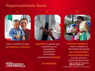 Responsabilidade Social
            I.                          II.                        III.




 Salvar e melhorar as vidas   Capacitar as pessoas que     Prevenir doenças e
de mulheres e crianças              trabalham para as       reduzir o estigma e as
                                       necessidades        dificuldades dos doentes
                                       de saúde das         nas comunidades
                                       comunidades,         menos favorecidas,
                                prioritariamente através       nas áreas em que a
                                                            Johnson & Johnson tem
                                    de educação              alto poder de impacto
 