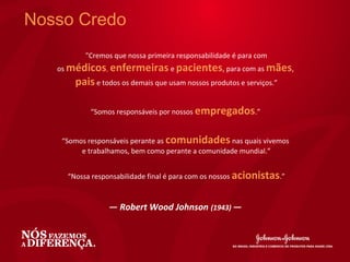 Nosso Credo
          "Cremos que nossa primeira responsabilidade é para com
   os médicos, enfermeiras e pacientes, para com as mães,
       pais e todos os demais que usam nossos produtos e serviços.”

           “Somos responsáveis por nossos empregados.”


    “Somos responsáveis perante as comunidades nas quais vivemos
         e trabalhamos, bem como perante a comunidade mundial.”


     “Nossa responsabilidade final é para com os nossos acionistas.”



                ― Robert Wood Johnson (1943) ―
 