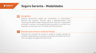 Seguro Garantia - Modalidades
14
Completion
Garantia geralmente exigida por investidores ou financiadores
(bancos) que aportam recursos para o desenvolvimento e/ou
construção de determinado empreendimento. Garante a implantação
do projeto no prazo e nas especificações previstas no contrato a ser
assinado, em harmonia com o Contrato de Financiamento.
Garantia para compra e venda de energia
Utilizada nos contratos de compra e venda de energia, garante ao
vendedor (segurado) que a empresa compradora (tomador) vai honrar
com a obrigação do pagamento das faturas.
 