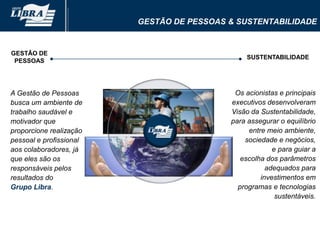 Gestão de Pessoas & SustentabilidadeGESTÃO DE PESSOASSUSTENTABILIDADEOs acionistas e principais executivos desenvolveram Visão da Sustentabilidade,  para assegurar o equilíbrio entre meio ambiente,  sociedade e negócios, e para guiar a escolha dos parâmetros adequados para investimentos em programas e tecnologias sustentáveis. A Gestão de Pessoas busca um ambiente de trabalho saudável e motivador que proporcione realização pessoal e profissional aos colaboradores, já que eles são os responsáveis pelos resultados do Grupo Libra.