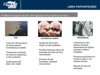 Portfólio de negócios de alto valor agregado em produtos e serviçosLibra ParticipaçõesLiderança em não-tecidos, produtos descartáveis de higiene pessoal e médico-hospitalar.Presença significativa na América Latina e nos Estados Unidos.Mais de 40 anos de atividadesAzeites de oliva extra-virgem de alta qualidade.Primeira empresa chilena de produção de azeite de oliva monovarietal.Empresa de alta tecnologia, destaque internacionalFrota com 56 barcaças e 20 empurradores monitorada por satéliteTreinamento constante em áreas de segurança e meio-ambiente.Certificações ISO 9000, ISO 14000CNAPROVIDÊNCIAOLIVARES DE QUEPU