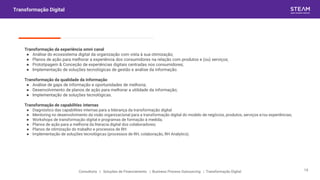 Transformação Digital
Transformação da experiência omni canal
● Análise do ecossistema digital da organização com vista à sua otimização;
● Planos de ação para melhorar a experiência dos consumidores na relação com produtos e (ou) serviços;
● Prototipagem & Conceção de experiências digitais centradas nos consumidores;
● Implementação de soluções tecnológicas de gestão e análise da informação.
Transformação da qualidade da informação
● Análise de gaps de informação e oportunidades de melhoria;
● Desenvolvimento de planos de ação para melhorar a utilidade da informação;
● Implementação de soluções tecnológicas.
Transformação de capabilities internas
● Diagnóstico das capabilities internas para a liderança da transformação digital
● Mentoring no desenvolvimento da visão organizacional para a transformação digital do modelo de negócios, produtos, serviços e/ou experiências;
● Workshops de transformação digital e programas de formação à medida;
● Planos de ação para a melhoria da literacia digital dos colaboradores;
● Planos de otimização do trabalho e processos de RH:
● Implementação de soluções tecnológicas (processos de RH, colaboração, RH Analytics).
Consultoria | Soluções de Financiamento | Business Process Outsourcing | Transformação Digital 19
 