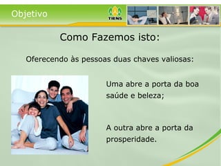 Objetivo
Como Fazemos isto:
Oferecendo às pessoas duas chaves valiosas:
Uma abre a porta da boa
saúde e beleza;
A outra abre a porta da
prosperidade.
 