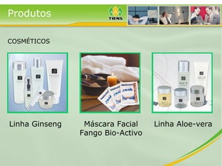 Produtos
COSMÉTICOS
Linha Ginseng Máscara Facial
Fango Bio-Activo
Linha Aloe-vera
 