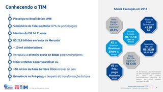 4
Sólida Execução em 2018Conhecendo a TIM
TIM Participações – Relação com Investidores
Receita da
TIM Live
R$ 392M
38,4% A/A
Maior
EBITDA
registrado2
R$ 6,6B
#2 do
Brasil em
Revenue
Share da
Móvel
Receita
Líquida
R$ 17,1B
(95% da
Móvel)
¹Fluxo de
Caixa
Operacional
+2.9B
A/A
Maior
Margem
EBITDA
registrada2
38,5%
Presença no Brasil desde 1998
~ 10 mil colaboradores
Relevância no Pré-pago, a despeito da transformação da base
>90 mil km de Rede de Fibra Ótica através do país
Introduziu o primeiro plano de dados para smartphones
Membro do ISE há 11 anos
R$ 25,8 bilhões em Valor de Mercado
Subsidiária da Telecom Itália (67% de participação)
(1) Ex-licenças, (2) Normalizado
(3) KPIs financeiros apresentados
em base Pro Forma,
desconsiderando impactos da
adoção dos novos padrões
contábeis de IFRS.
4
Maior e Melhor Cobertura Móvel 4G
#2 em
Pós-
pago
Humano
Móvel
Apresentação Institucional | 1T19
(1) Valor de Mercado em 16/mai.
 
