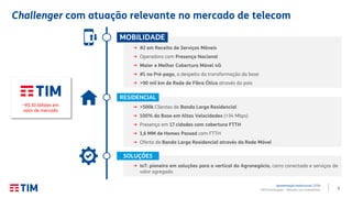 5TIM Participações – Relação com Investidores
Challenger com atuação relevante no mercado de telecom
Apresentação Institucional | 2T19
→ #2 em Receita de Serviços Móveis
→ Operadora com Presença Nacional
→ Maior e Melhor Cobertura Móvel 4G
→ #1 no Pré-pago, a despeito da transformação da base
→ >90 mil km de Rede de Fibra Ótica através do país
MOBILIDADE
→ IoT: pioneira em soluções para a vertical do Agronegócio, carro conectado e serviços de
valor agregado
SOLUÇÕES
→ >500k Clientes de Banda Larga Residencial
→ 100% da Base em Altas Velocidades (>34 Mbps)
→ Presença em 17 cidades com cobertura FTTH
→ 1,6 MM de Homes Passed com FTTH
→ Oferta de Banda Larga Residencial através da Rede Móvel
RESIDENCIAL
~R$ 30 bilhões em
valor de mercado
 